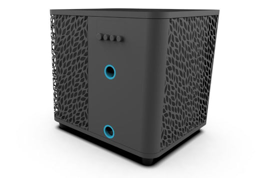 Black air source heat pump device with textured side and blue circular ports on a white background