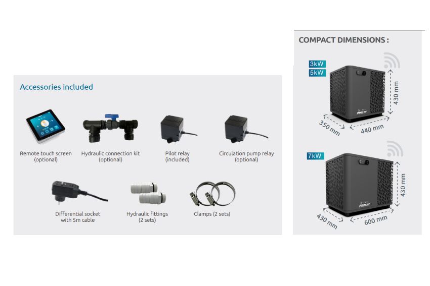 Product packaging with accessories list and compact dimensions on a white background