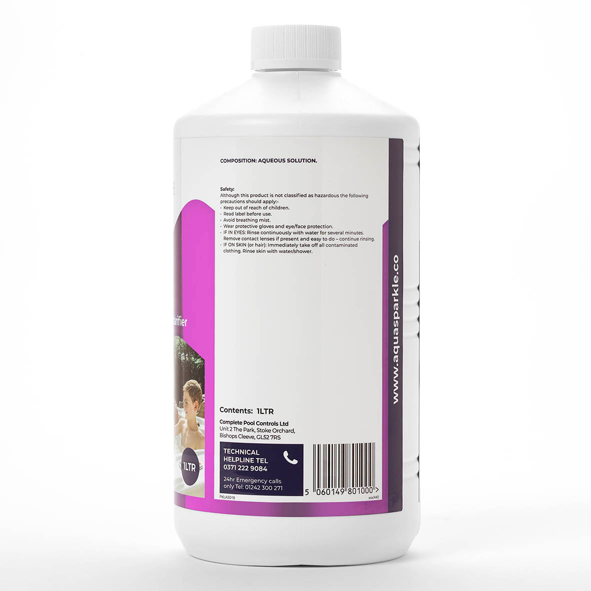 White bottle with purple label on a white background