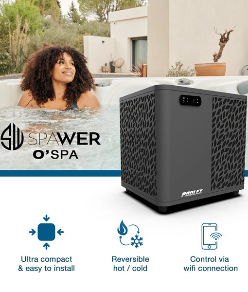 Woman in a hot tub with a spa heater labeled 'SPAWER O'SPA' in the foreground.