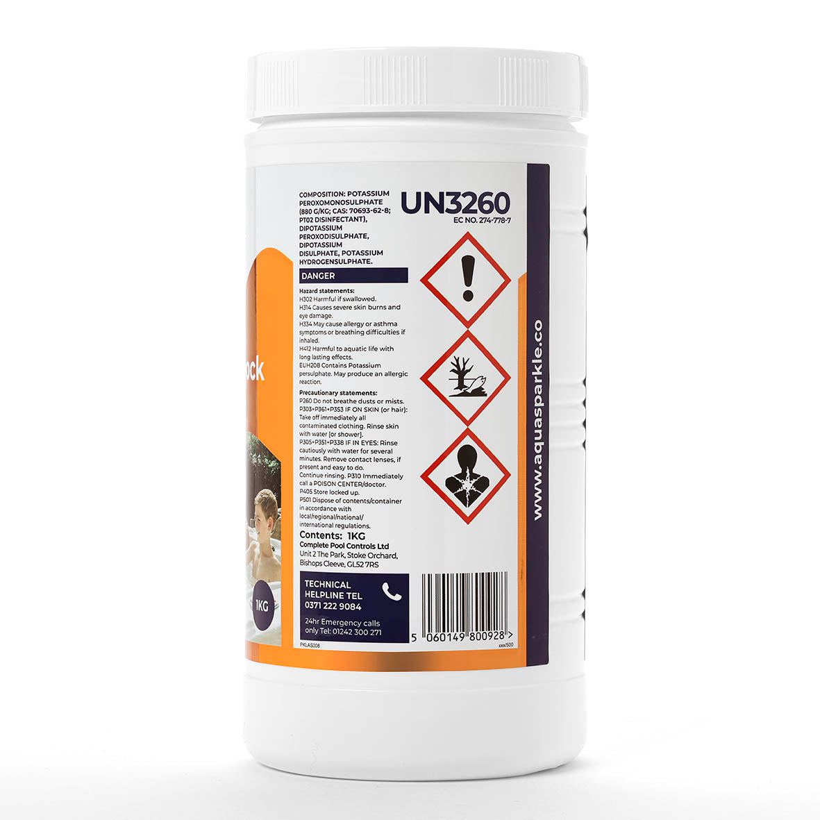 Container with a label featuring hazardous material symbols and text on a white background