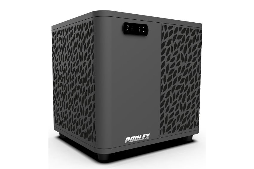 Black air source heat pump with patterned front panel on a white background