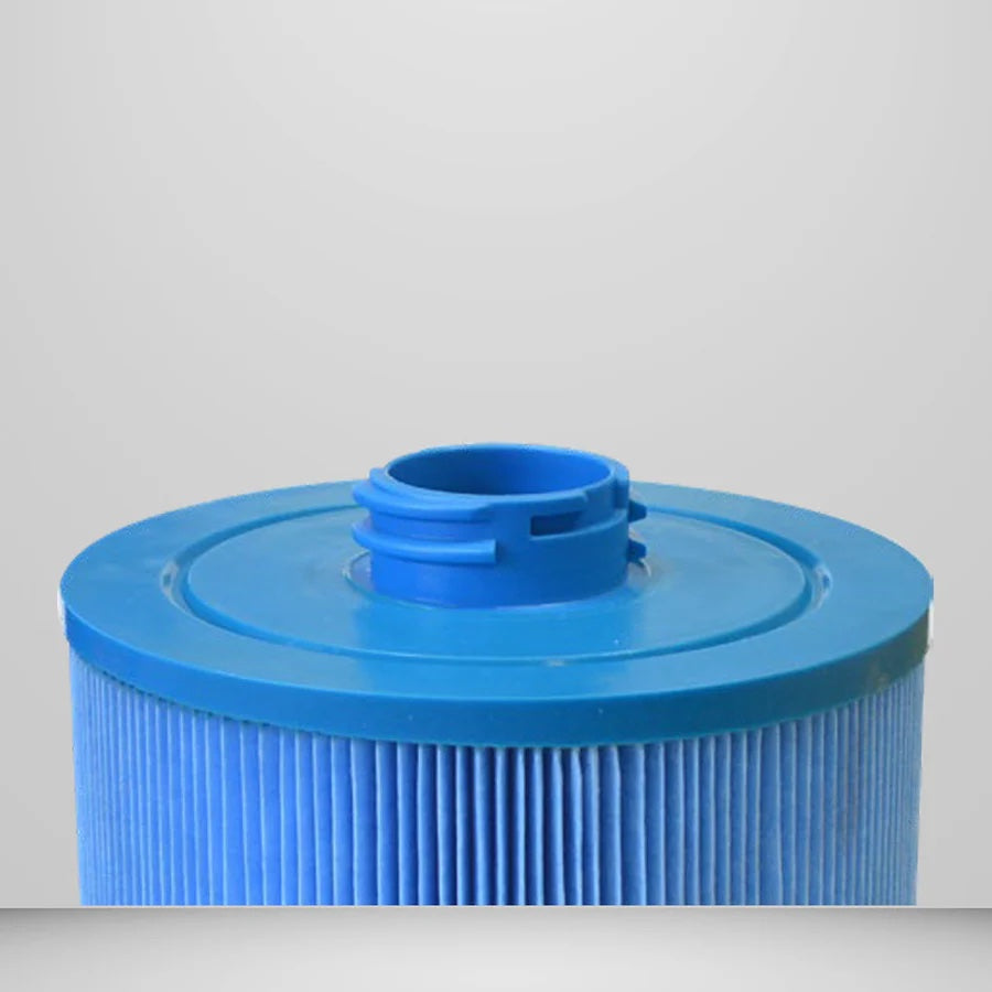 Blue pool filter cartridge on a white background