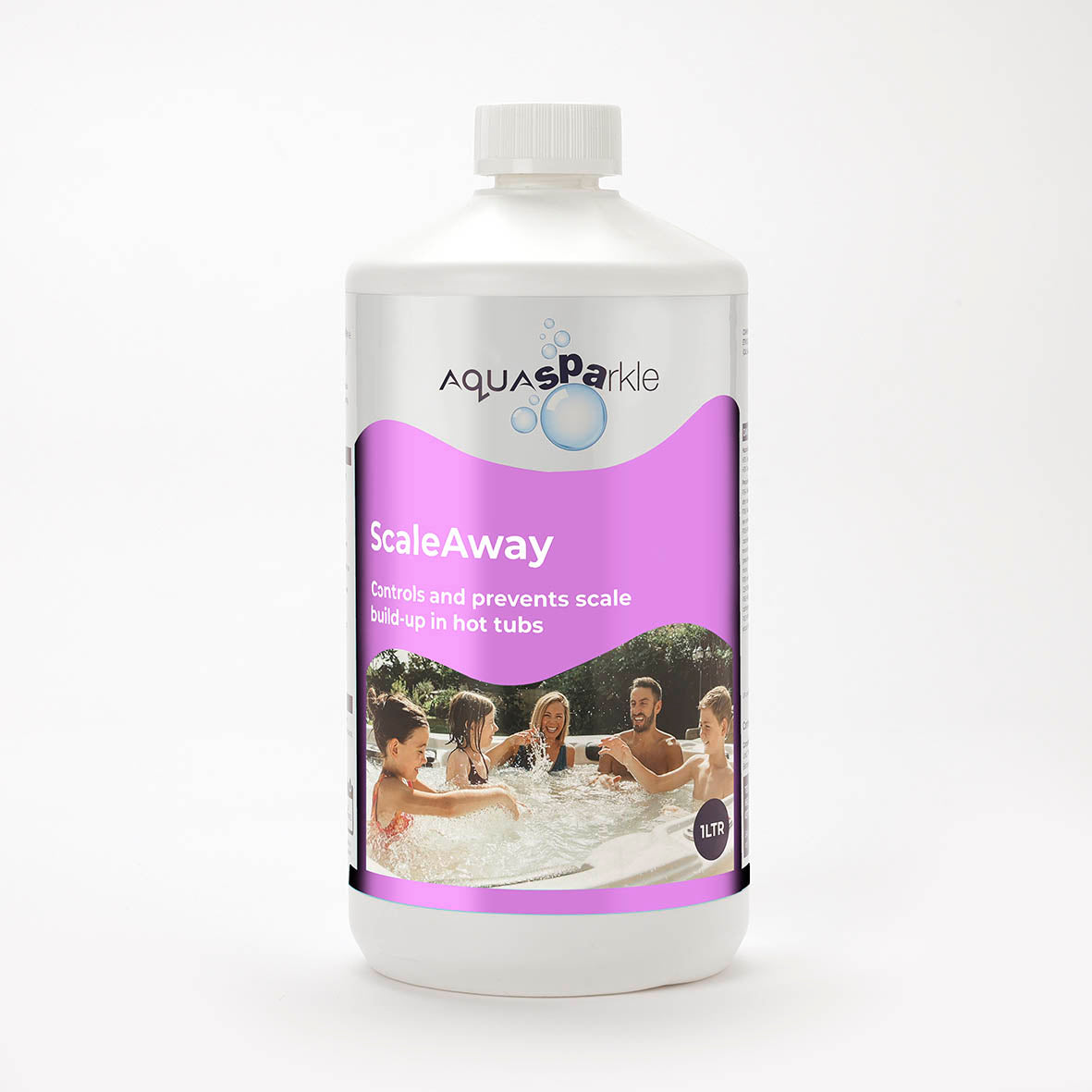 hot tub scale away with purple label and white background 