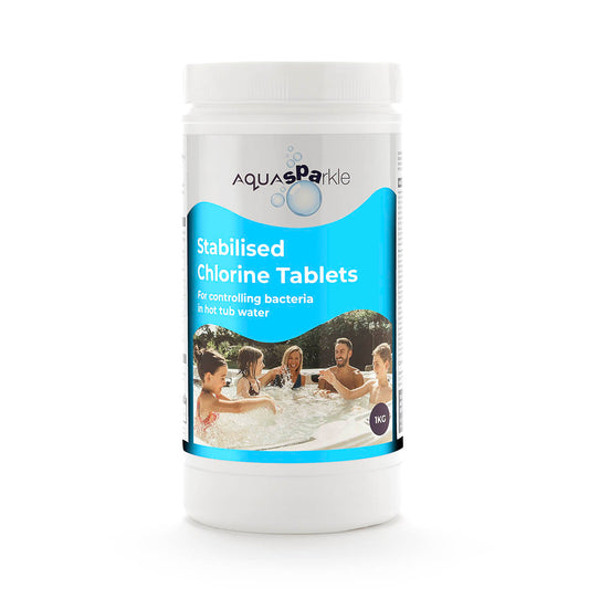 Aquaspaikle stabilised chlorine tablets packaging on a white background