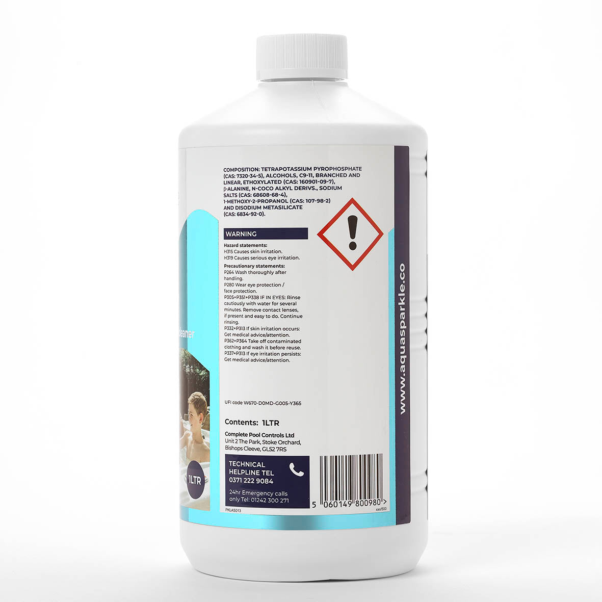 Bottle label with warning symbols and text on a white background