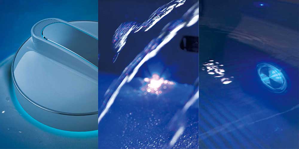 Collage of a pool vacuum, water splashing, and pool interior with light reflection.