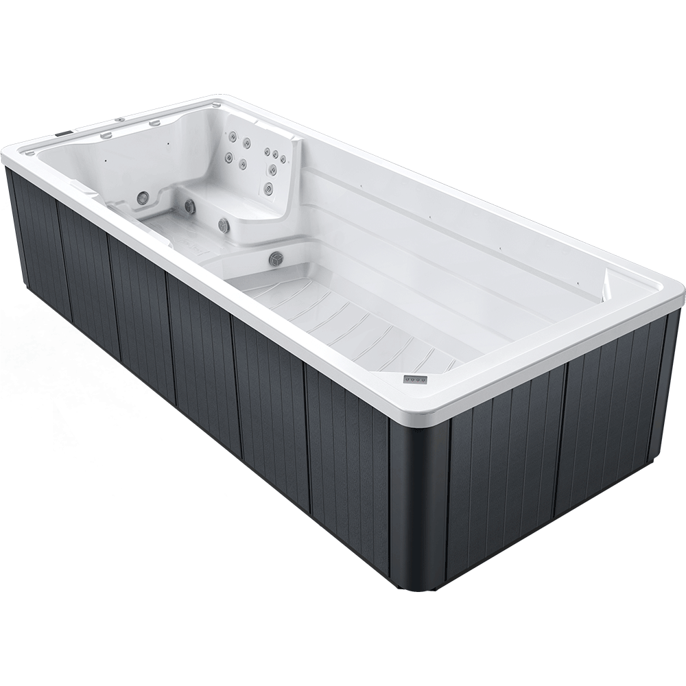 Rectangular hot tub with white interior and dark exterior on a white background
