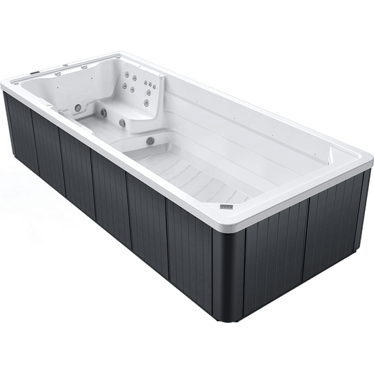 Rectangular hot tub with white interior and dark exterior on a white background