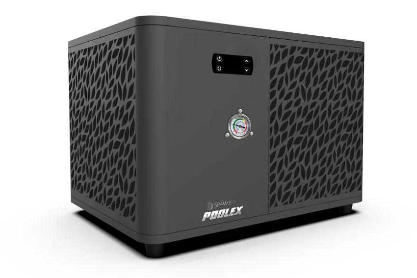 'Poolex' 7kw air source heat pump branding on a white background