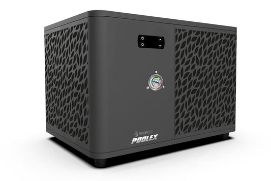 'Poolex' 7kw air source heat pump branding on a white background