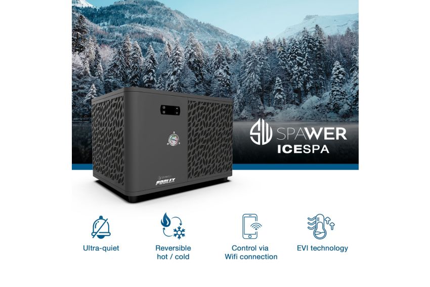 Spa heater with 'Spawer ICESPA' branding and features listed against a snowy mountain background.