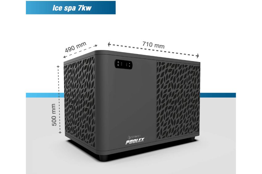 Black air source heat t pump machine with dimensions labeled on a white background