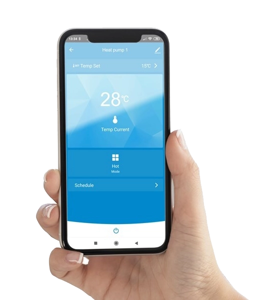 Hand holding a smartphone displaying a temperature control app on a white background