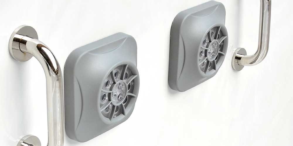 Gray square exclude honeycomb swim jets with silver metal brackets on a white background