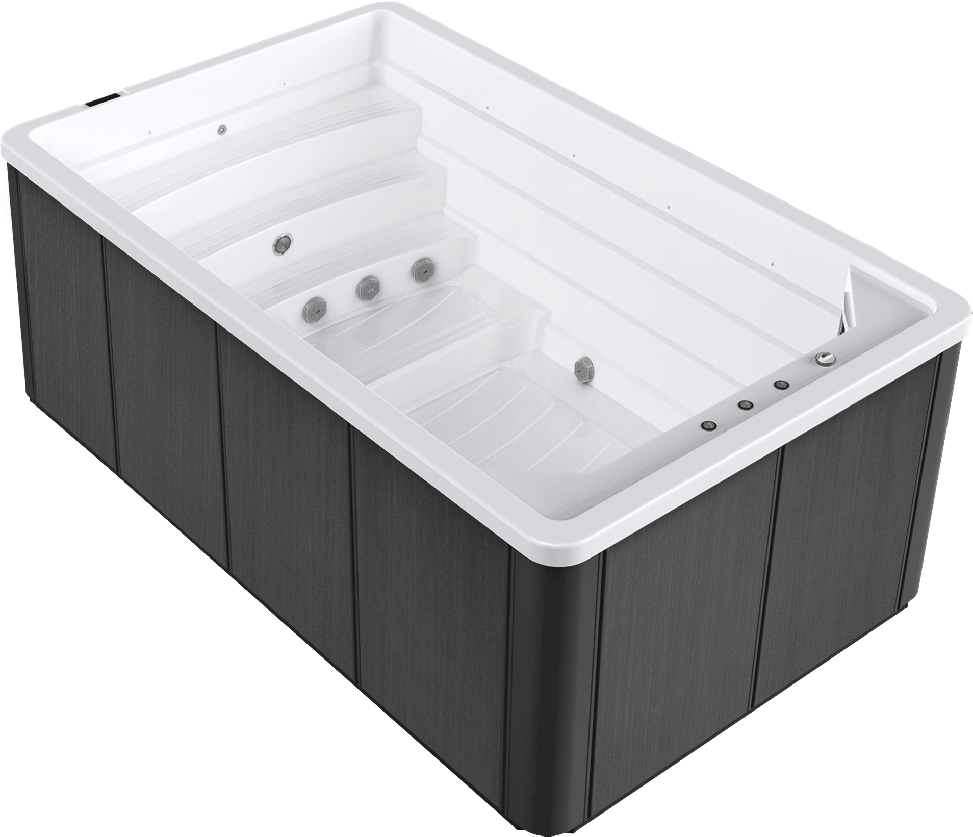 Hot tub with white interior and dark exterior on a white background