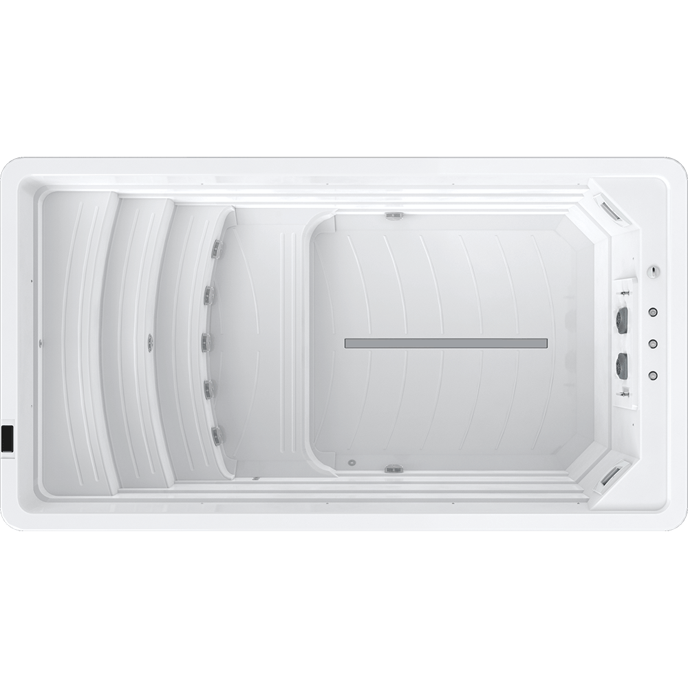White rectangular swim spa with jets on a white background