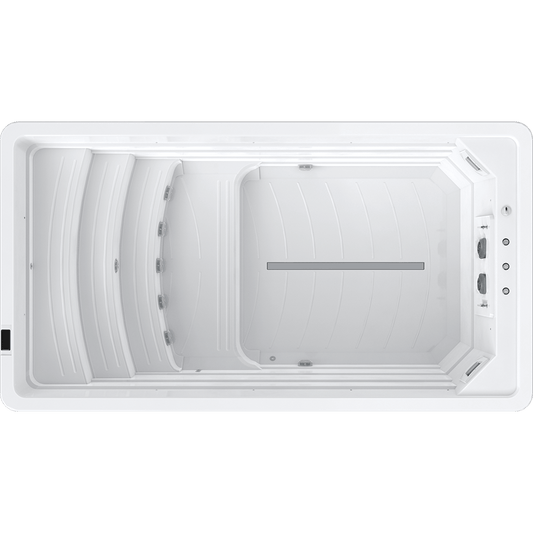 White rectangular swim spa with jets on a white background