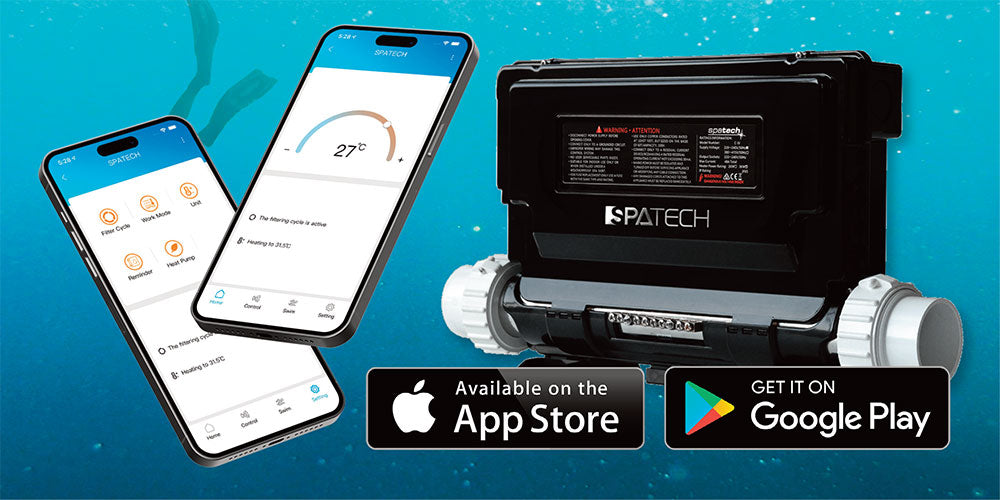 SpaTech product with smartphone app interface on a blue background
